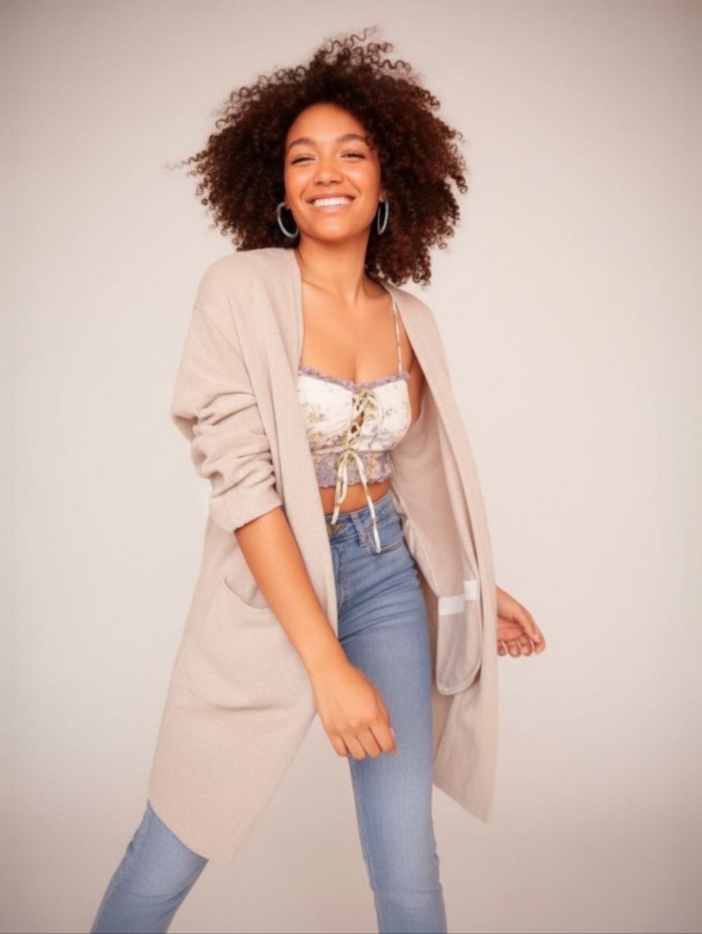 DONNI. Osfa Open Front Ribbed Sweater Cardigan Coat Duster In Sandwash One Size